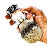 TOP!!! Scheerkwast GROOT SILVERTIP dassenhaar; doorzichtig acrylglas
